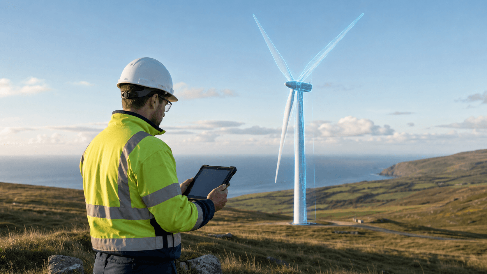 A wind turbine engineer comparing field conditions with a digital counterpart