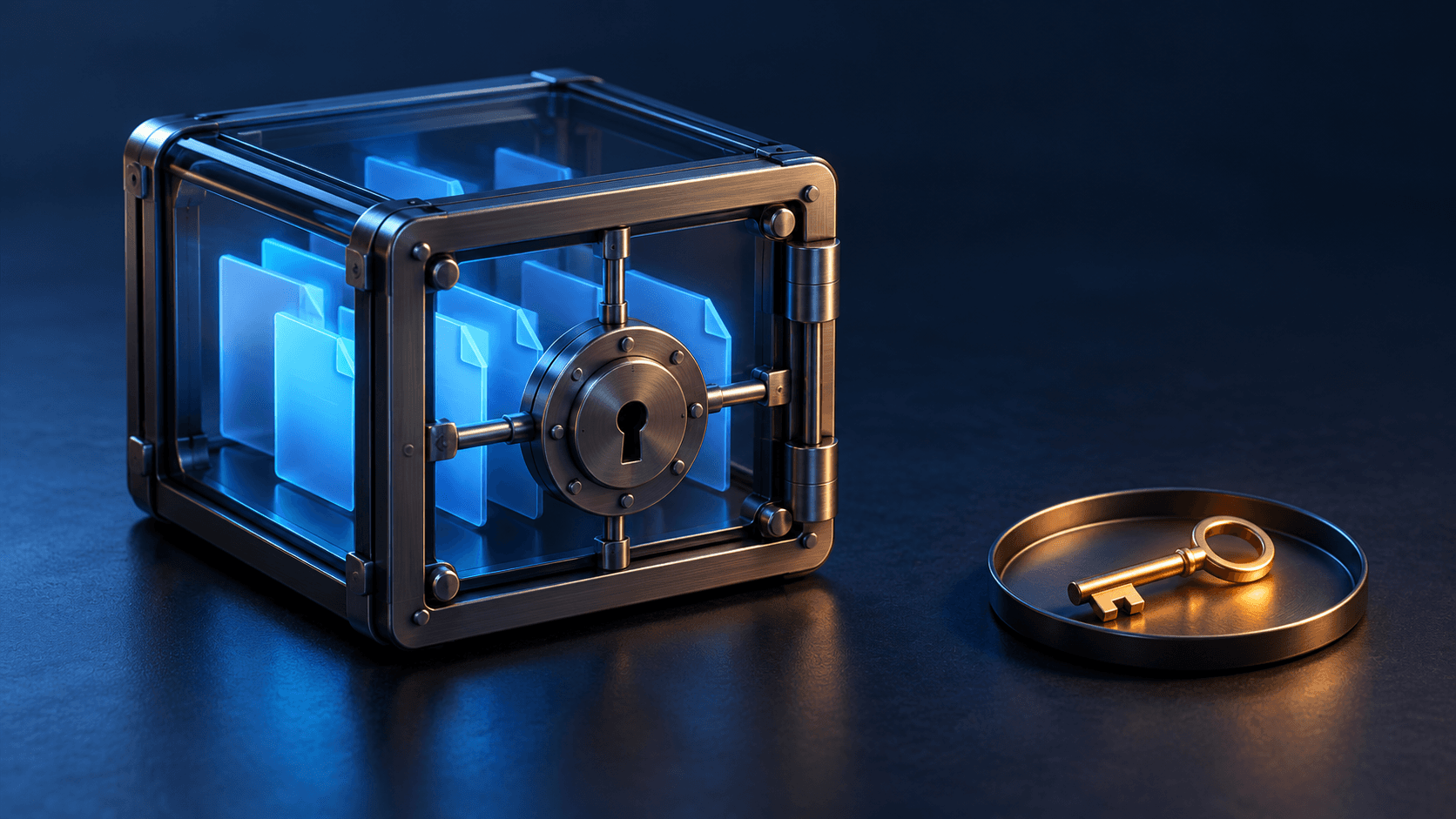 A sealed vault of blue document tiles beside a separate recovery key