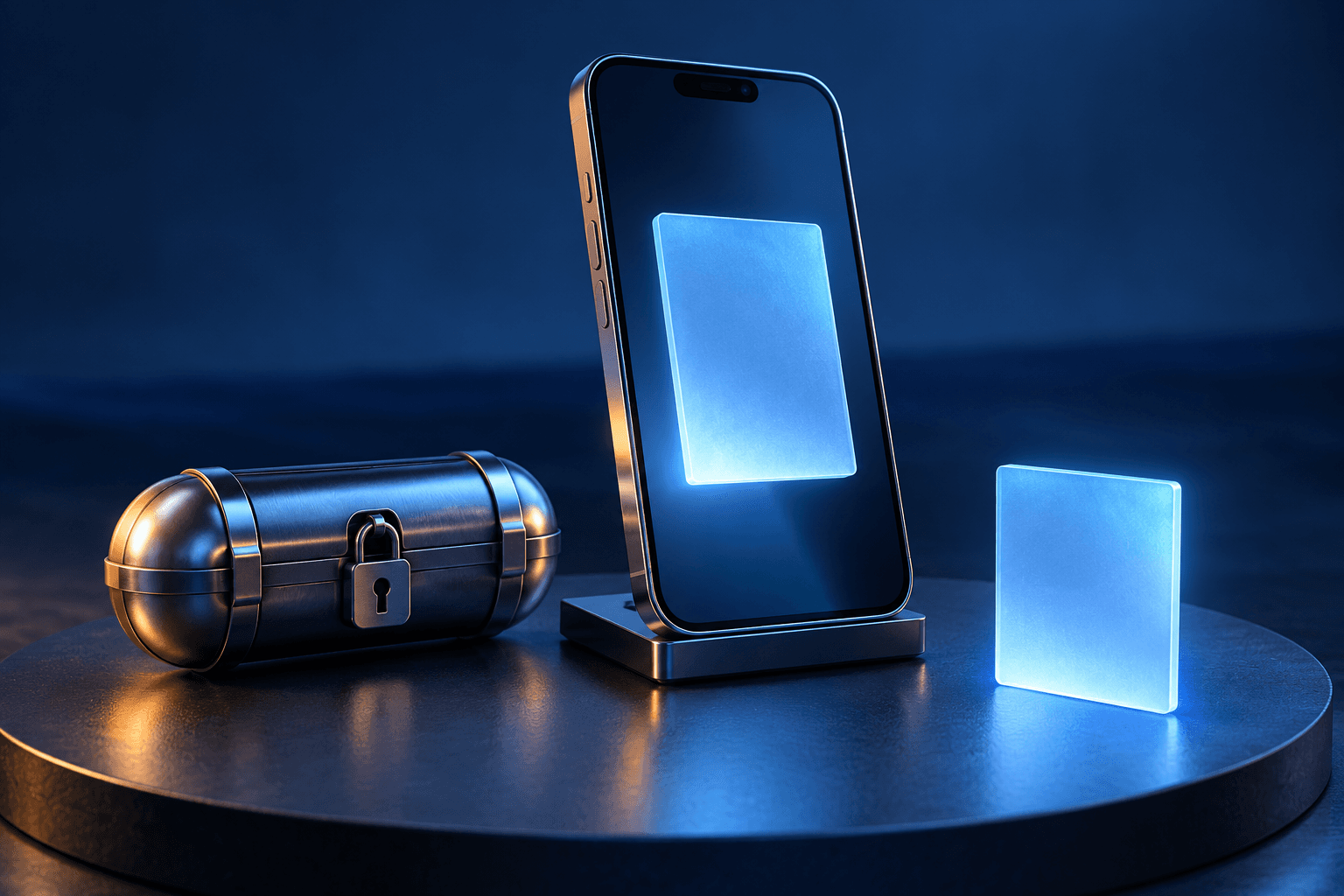 A sealed message capsule beside a phone and a matching copy of its blank document tile