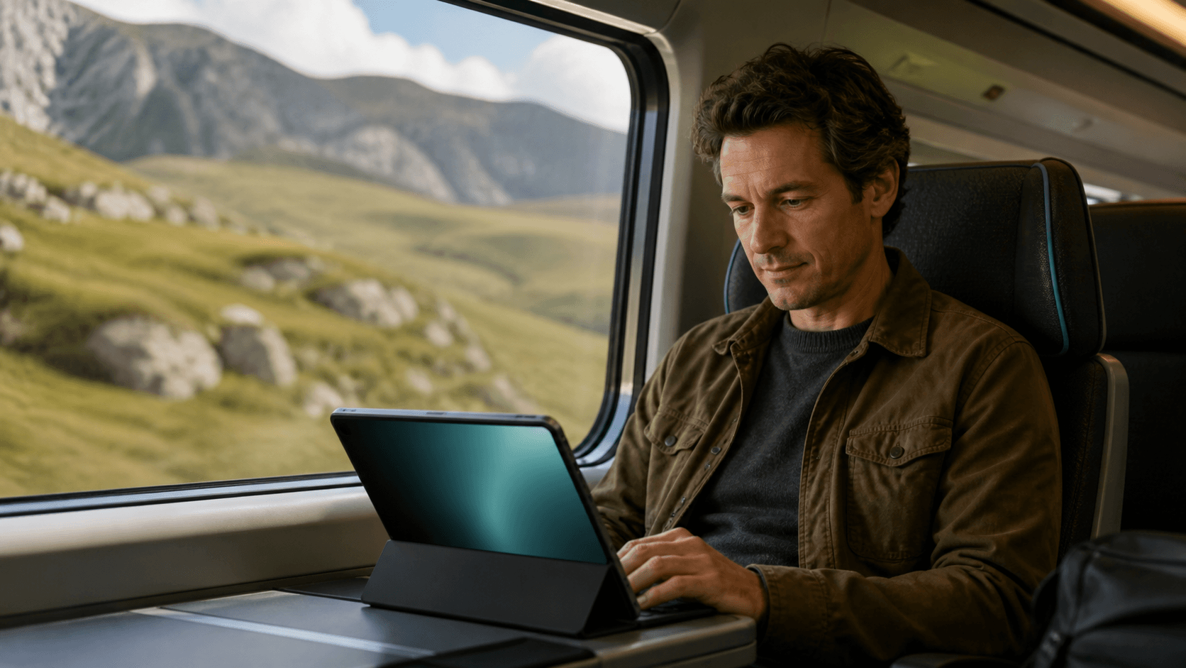 A traveler using local computing tools while crossing a remote landscape