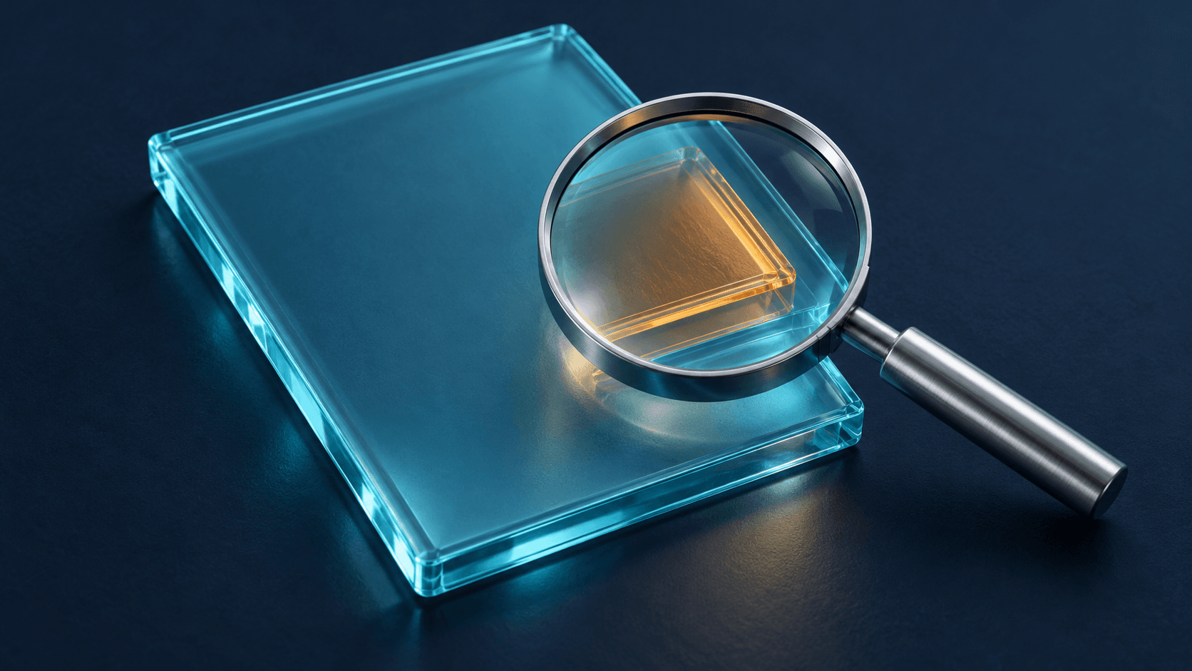 A magnifying glass revealing an amber layer inside a blank cyan document tile