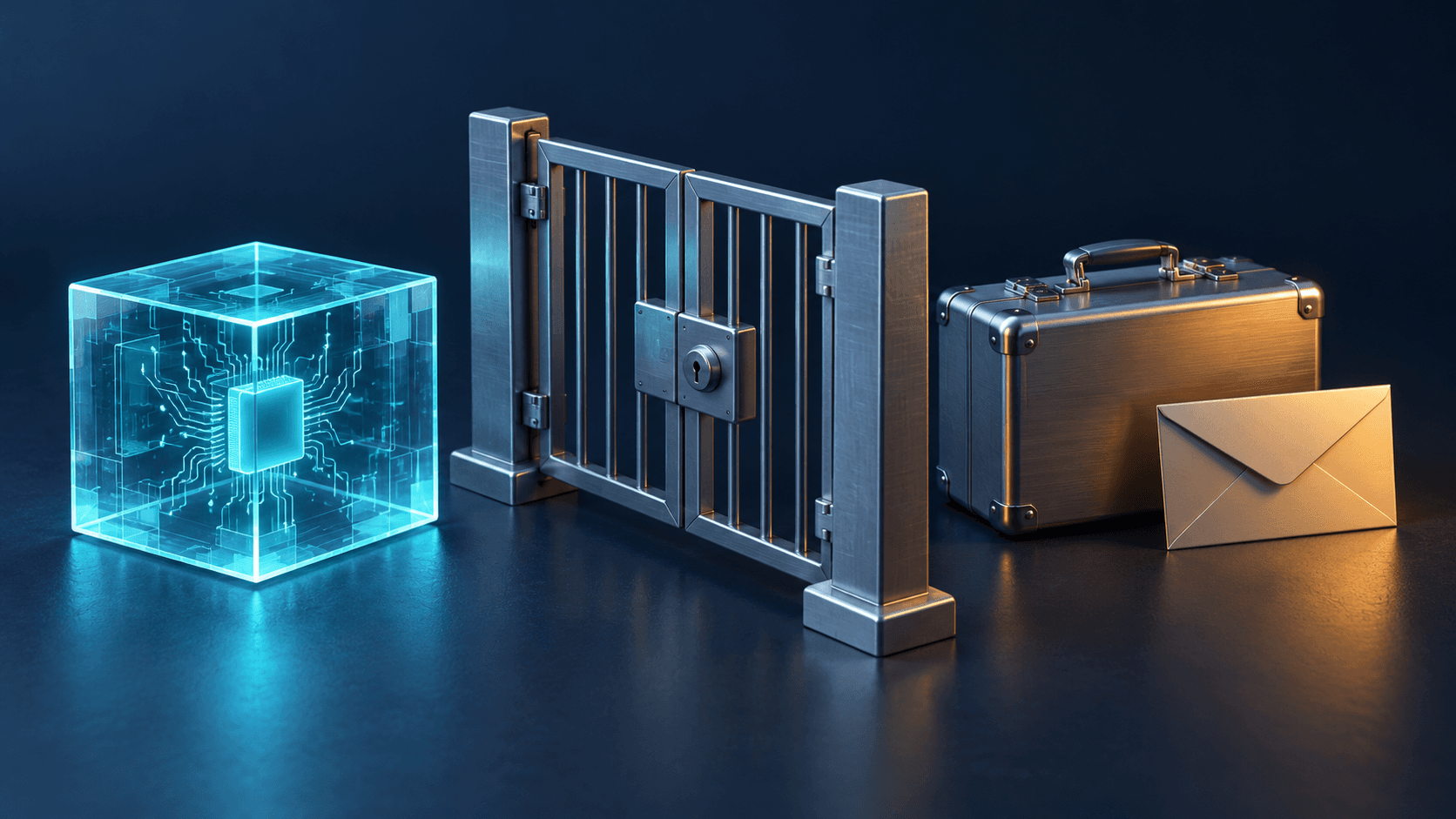 A closed metal gate separating a cyan processing cube from a document case and sealed envelope