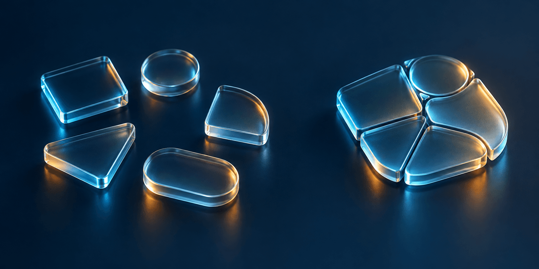 Separate glass tiles converging into one distinct mosaic shape