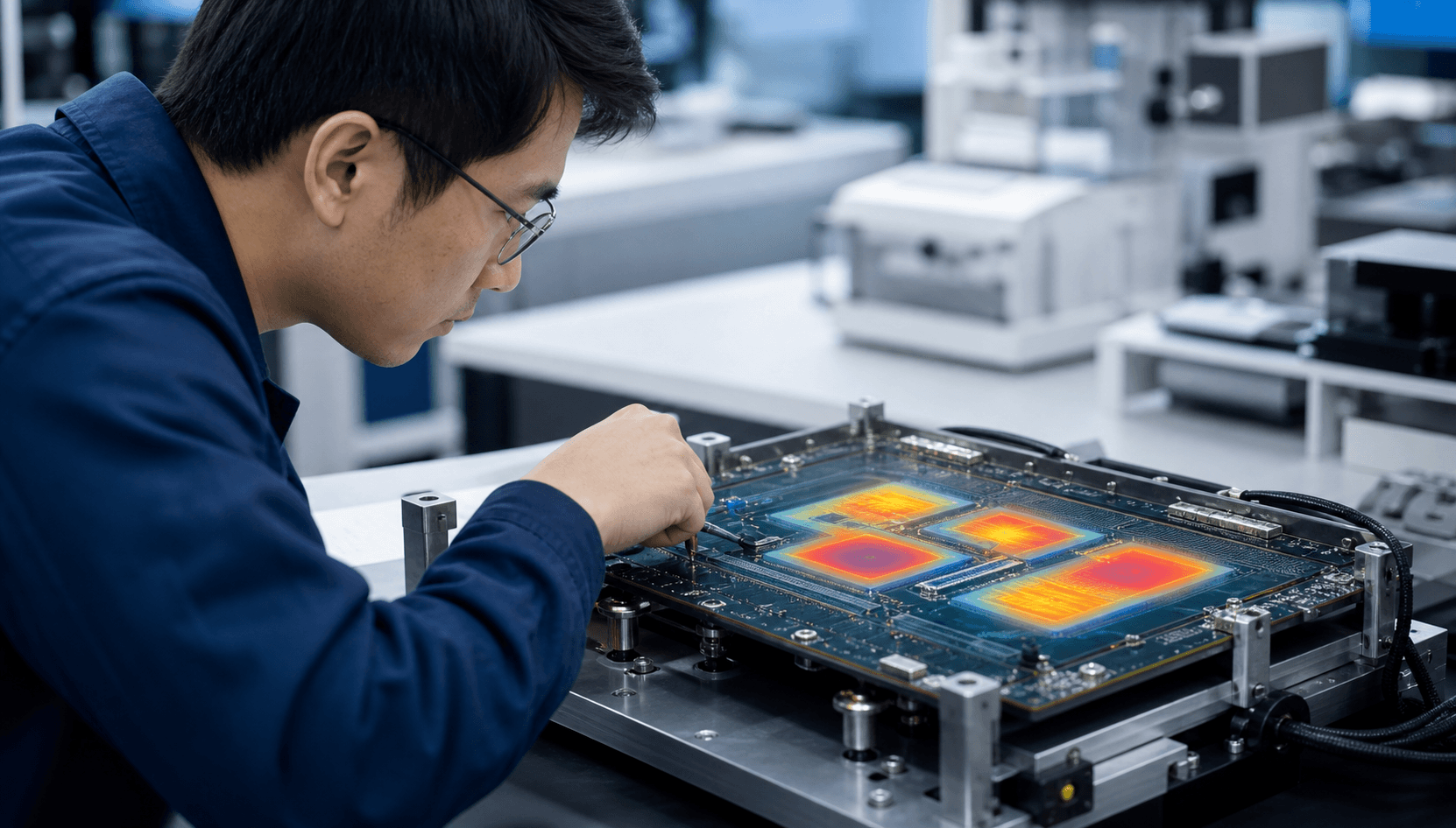 An engineer inspecting thermal behavior across a multi-die processor package