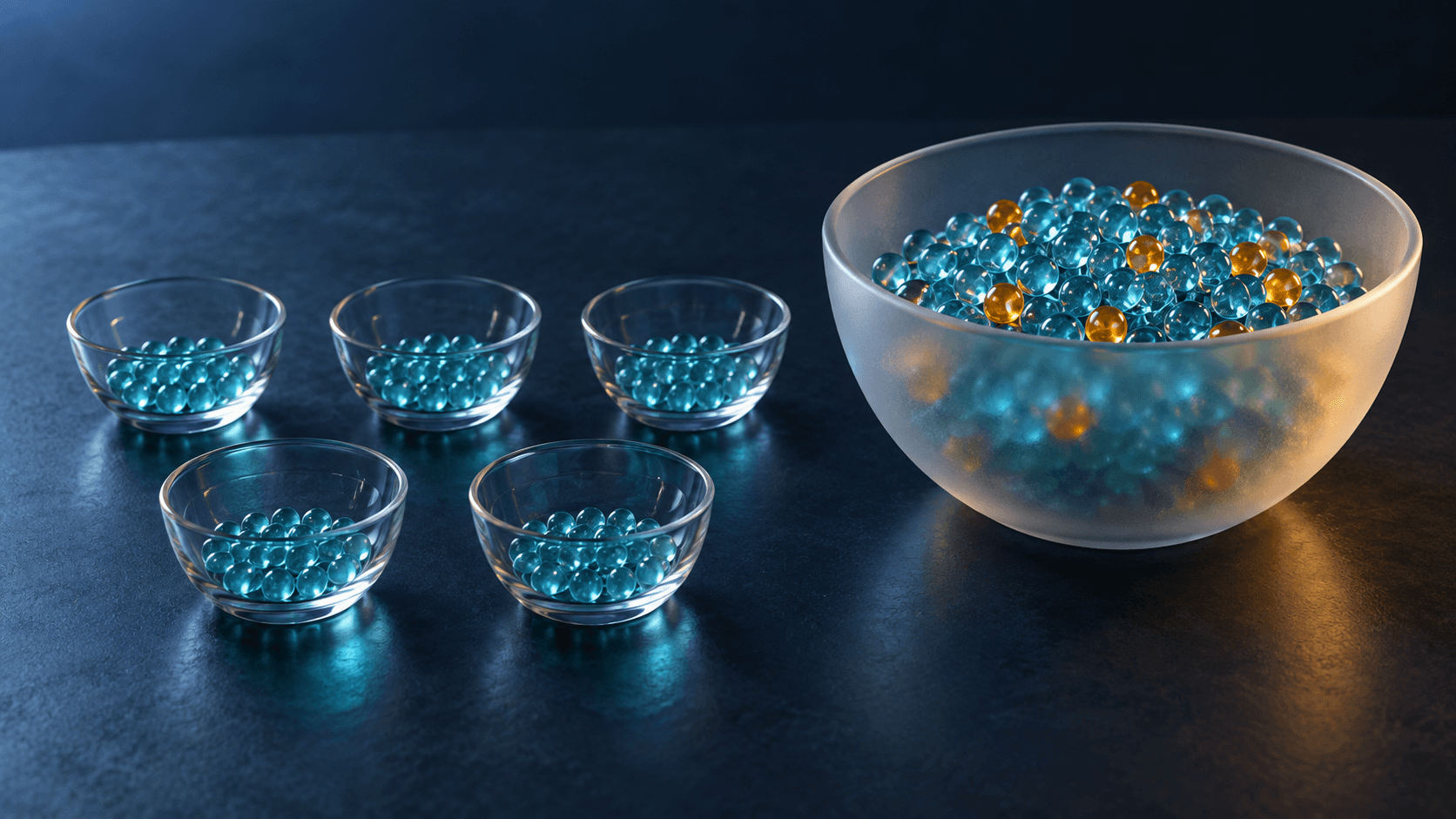Small glass cups holding bounded portions of cyan beads beside a larger frosted collection bowl
