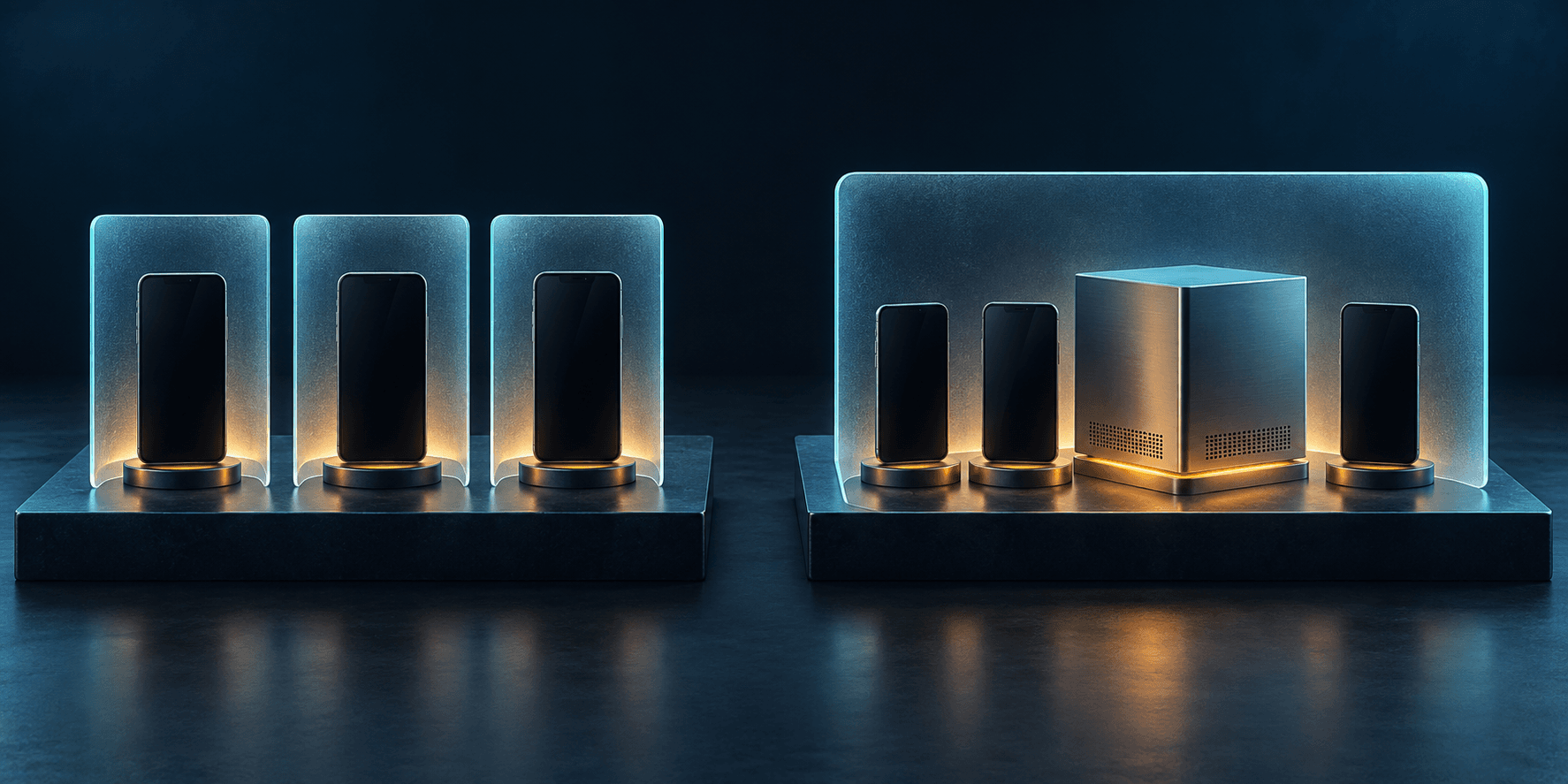 Two groups of blank devices illustrating individual frosted barriers and one shared central barrier