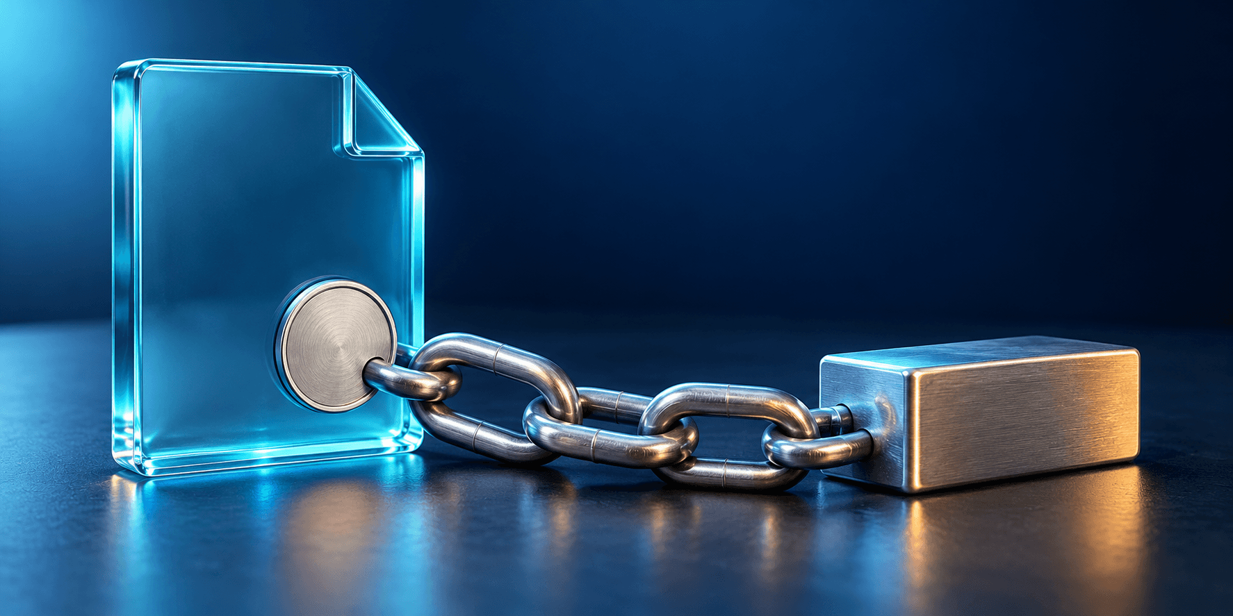 A sealed glass document connected by metal links to a solid anchor block