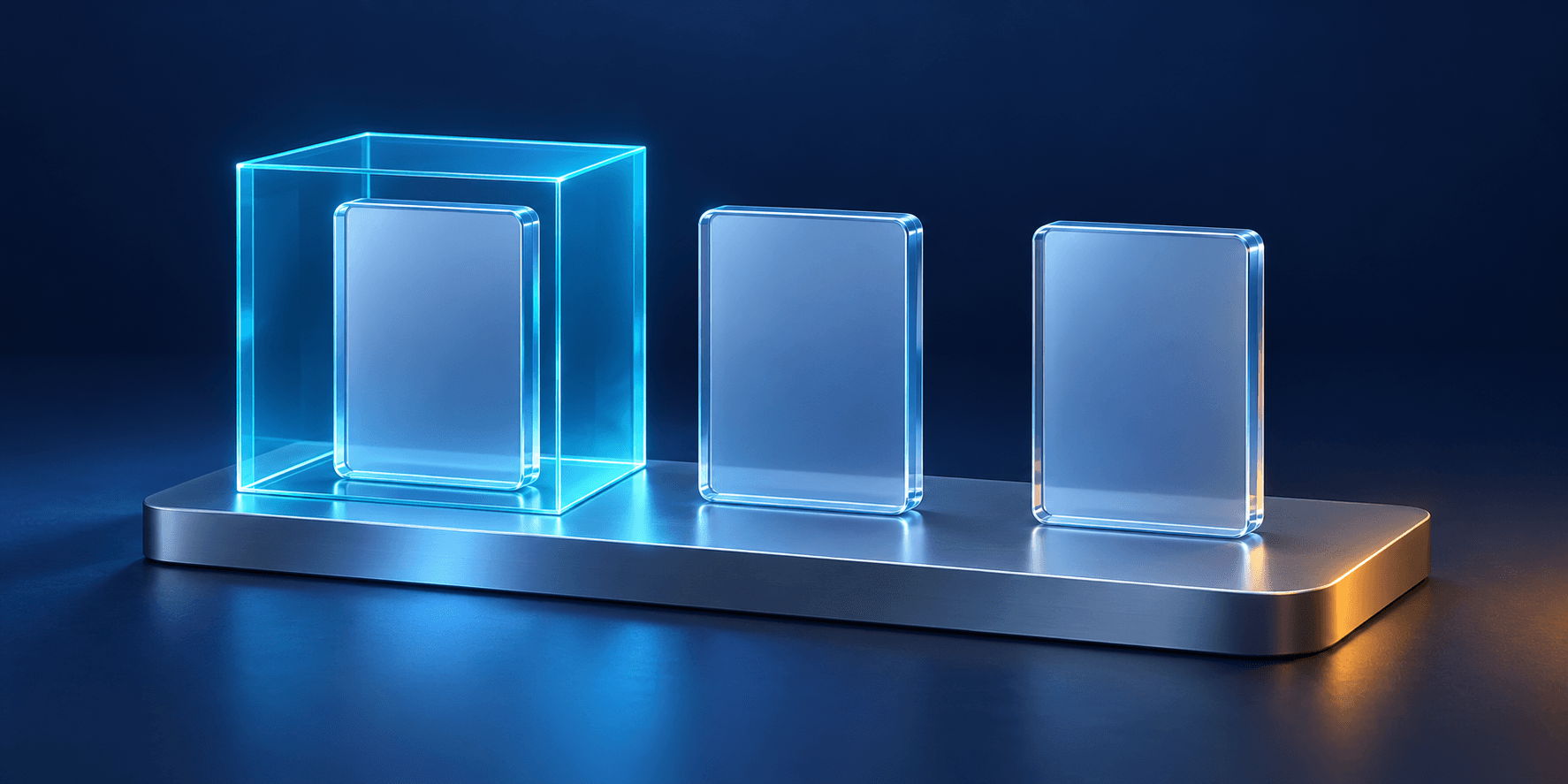 One application tile inside a blue glass shell while two neighboring tiles remain outside