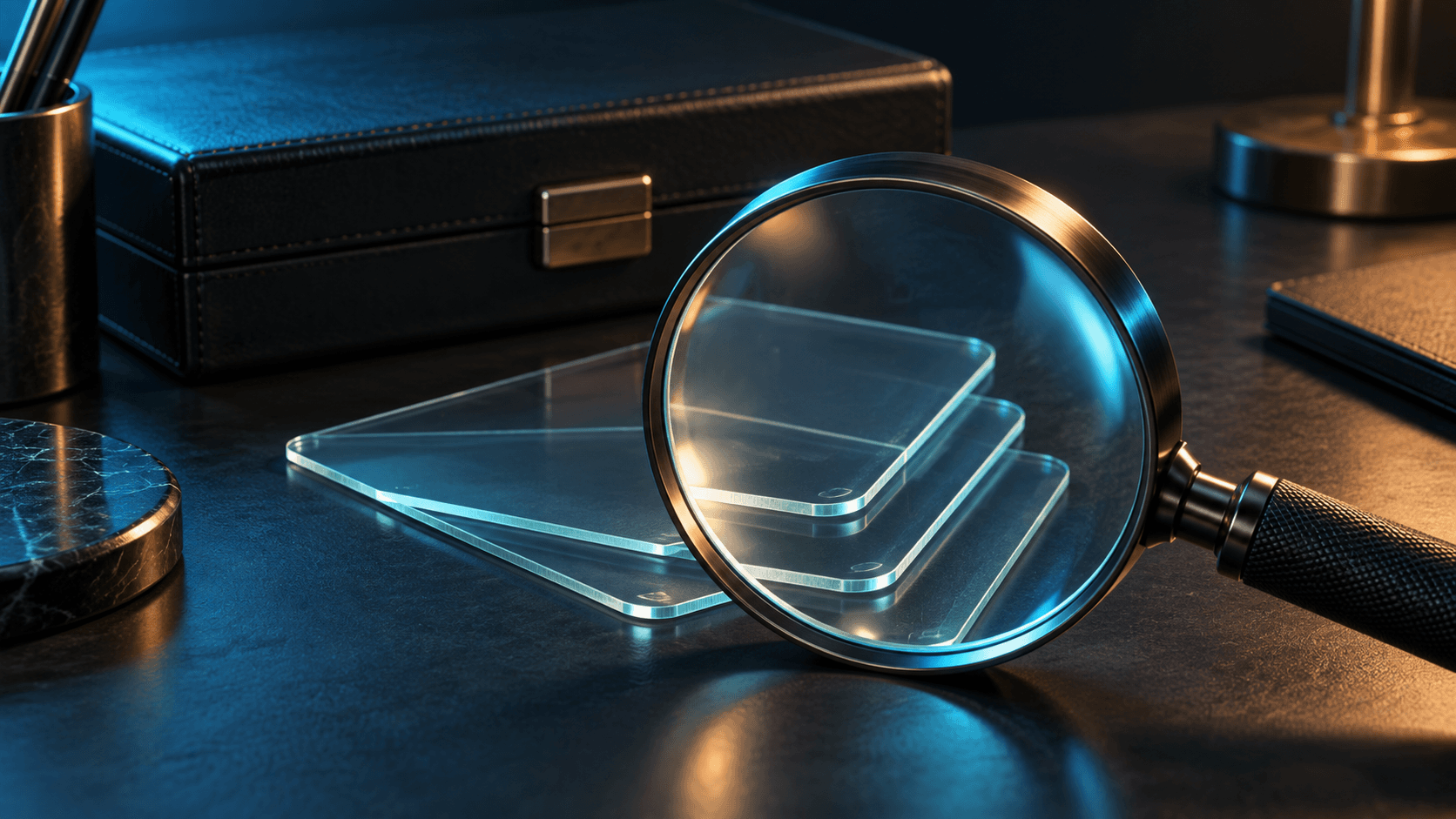 A magnifying lens inspecting overlapping glass cards on a research desk