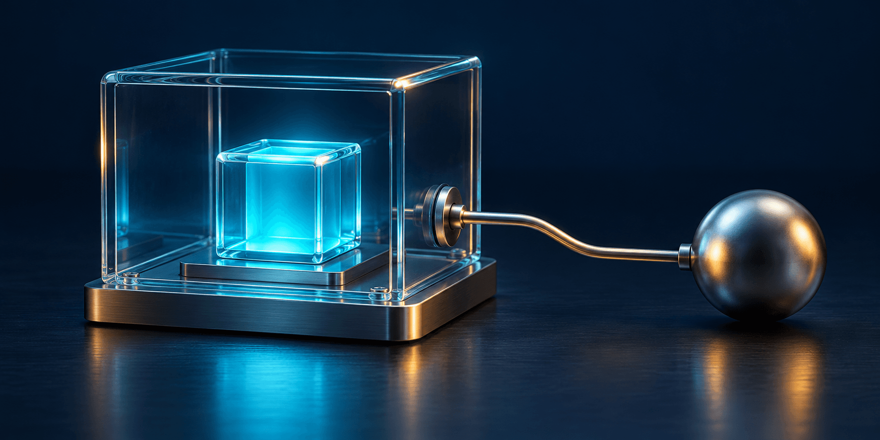 A cyan glass cube inside a clear enclosure connected to an external silver sphere through one narrow port