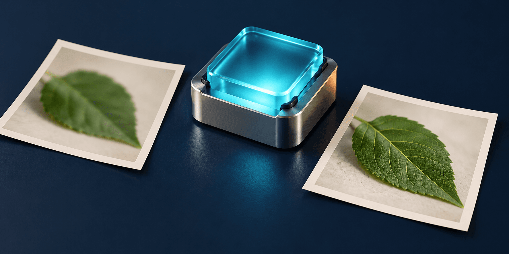 A cyan glass module beside soft and detailed photographic prints of a green leaf